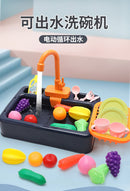 Conjunto de pia de cozinha infantil, máquina de lavar louça elétrica de simulação com água corrente